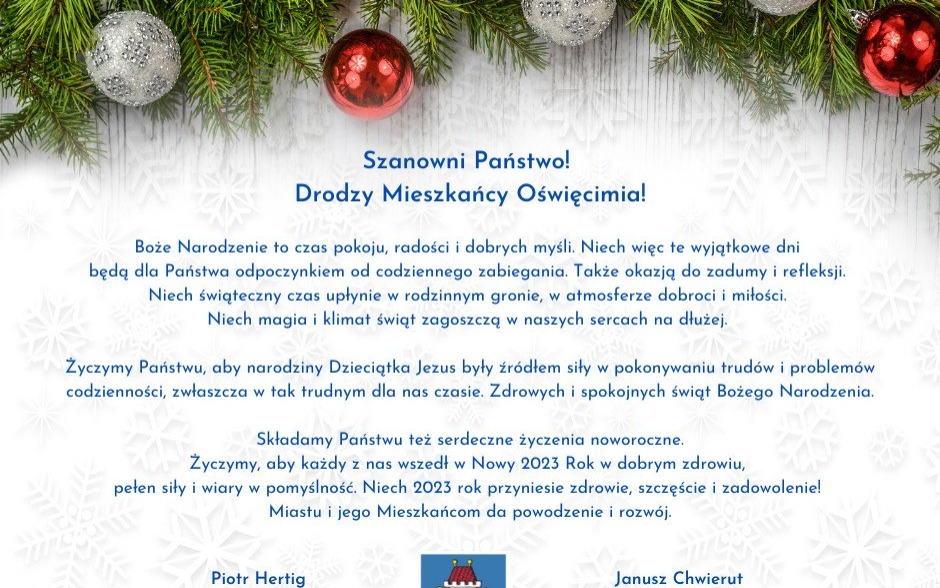 Oświęcim. Życzenia Bożonarodzeniowe dla mieszkańców Oświęcimia