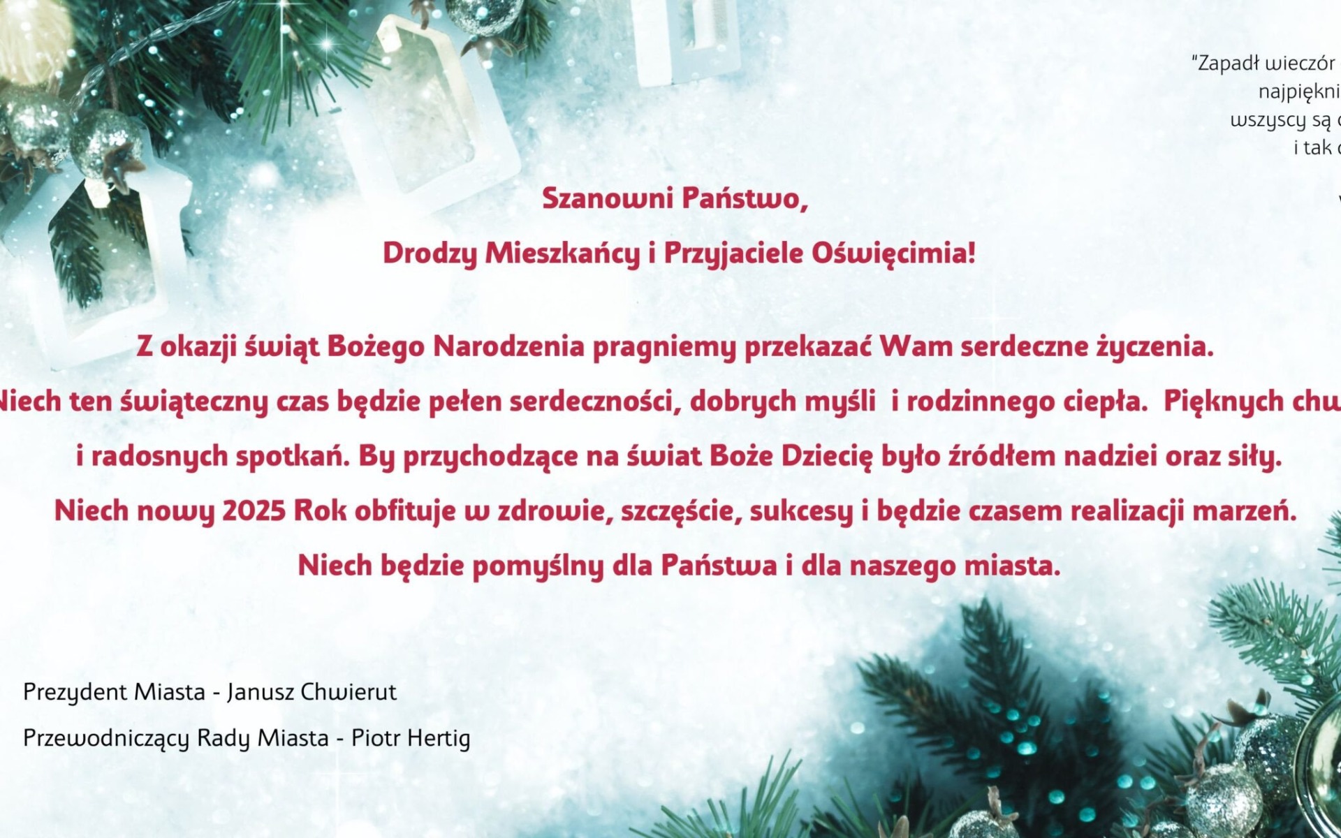 Oświęcim. Życzenia na Boże Narodzenie prezydenta i przewodniczącego Rady Miasta
