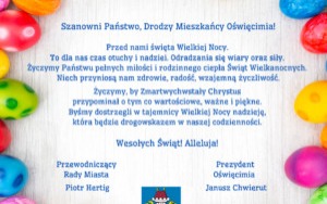 Oświęcim. Kartka z życzeniami wielkanocnymi prezydenta Janusza Chwieruta i przewodniczącego Rady Miasta Piotra Hertiga